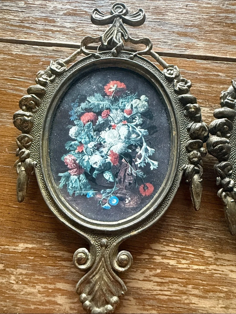 Vintage Pair of Mid-Century Italian Ornate Brass Miniature Floral Frames